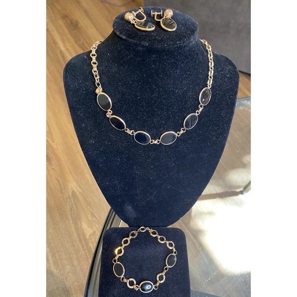 1960's Admark Set 15" Necklace 8" Bracelet Earrings 1-20 12KGF Gold Tone Onyx - Picture 6 of 6